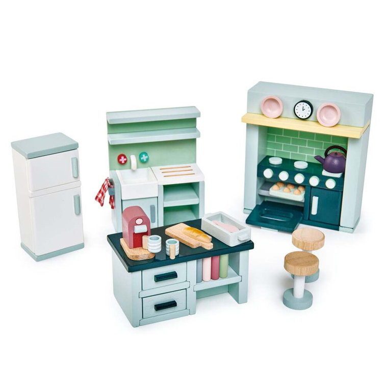Miniature Wooden Kitchen Set with Island and Bar Stools
