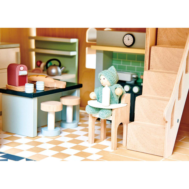 Miniature Wooden Kitchen Set with Island and Bar Stools