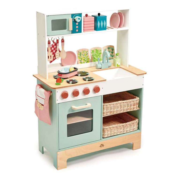Pastel Wooden Play Kitchen Set with Wicker Baskets