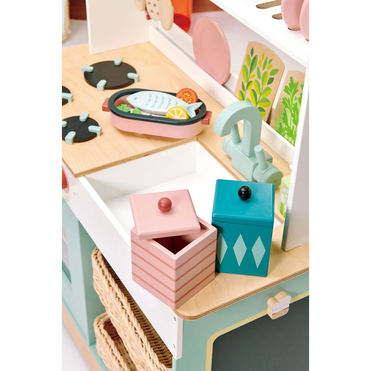Pastel Wooden Play Kitchen Set with Wicker Baskets