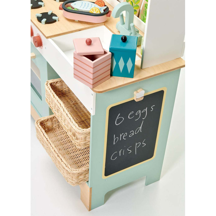 Pastel Wooden Play Kitchen Set with Wicker Baskets