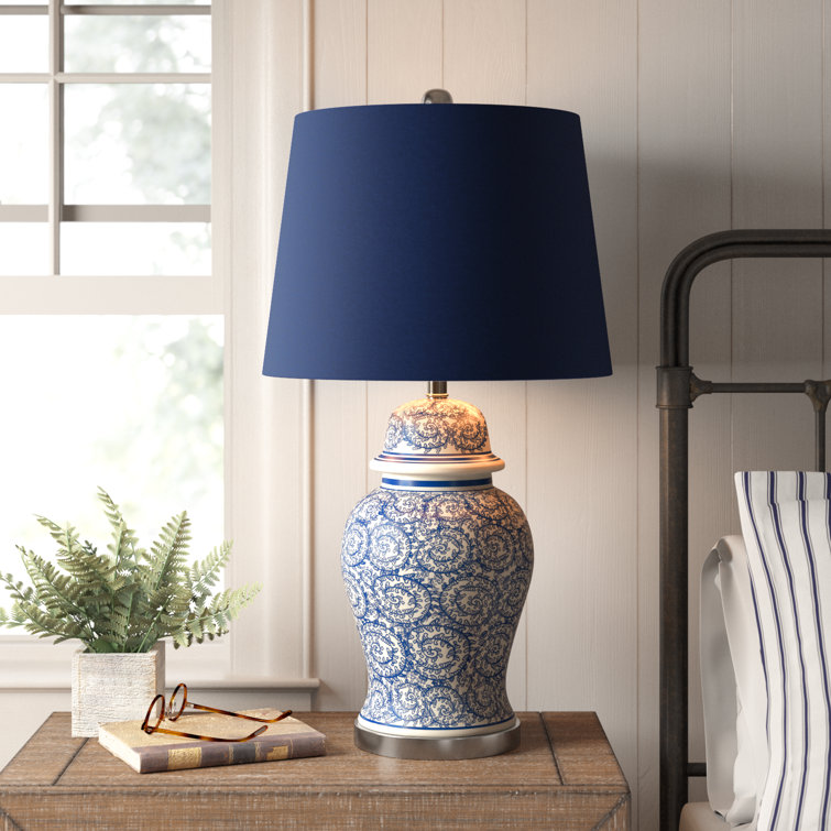 Blue Ivy Ceramic Table Lamp with Dark Blue Hardback Fabric Shade