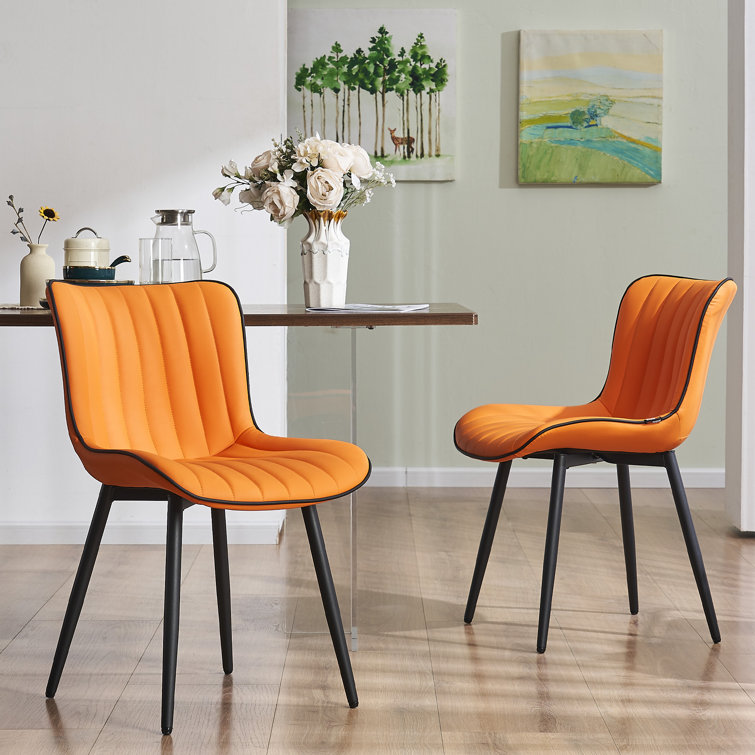 Orange Faux Leather Upholstered Side Chairs with Metal Legs, Set of 2