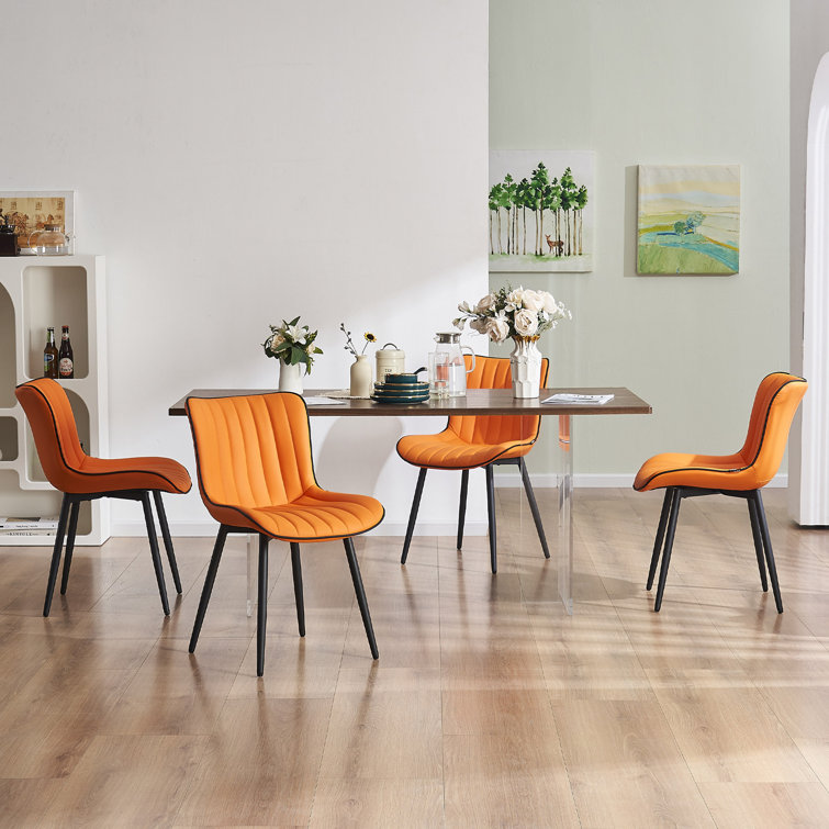 Orange Faux Leather Upholstered Side Chairs with Metal Legs, Set of 2