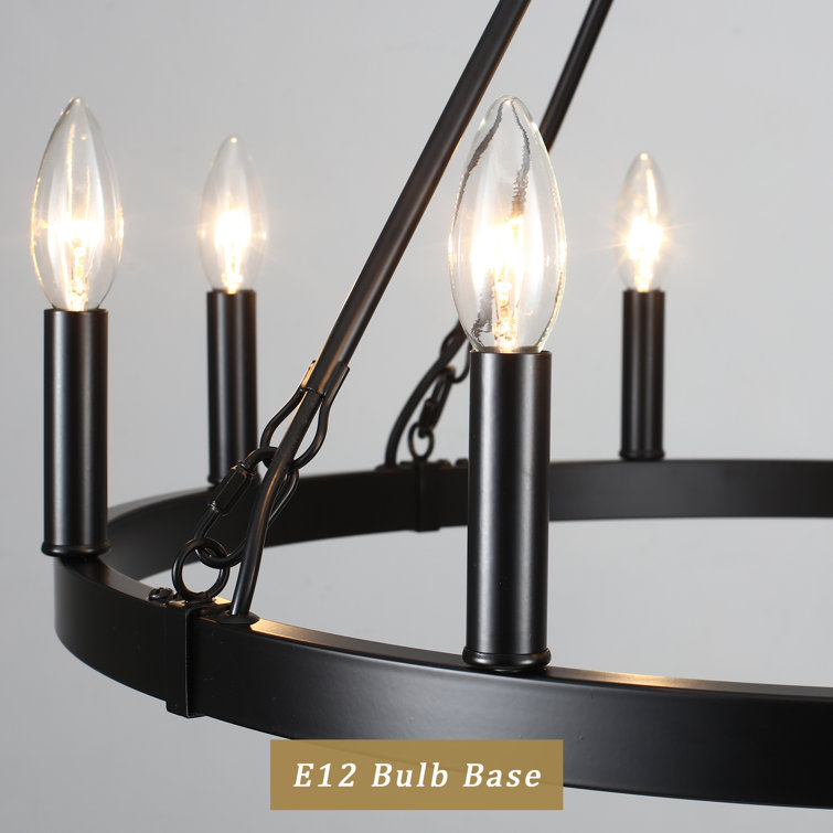 Black Metal 8-Light Wagon Wheel Chandelier with Candle-Style Luminaries