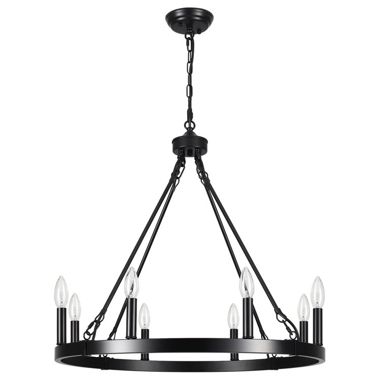 Black Metal 8-Light Wagon Wheel Chandelier with Candle-Style Luminaries