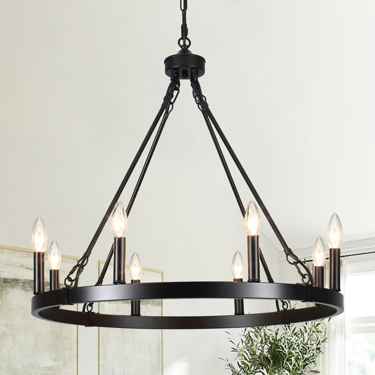Black Metal 8-Light Wagon Wheel Chandelier with Candle-Style Luminaries