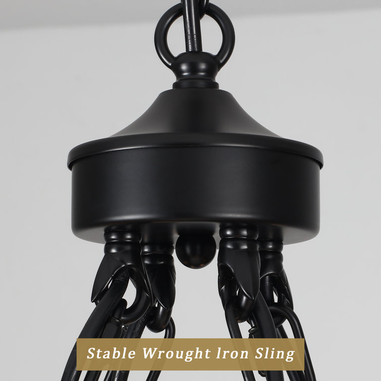 Black Metal 8-Light Wagon Wheel Chandelier with Candle-Style Luminaries