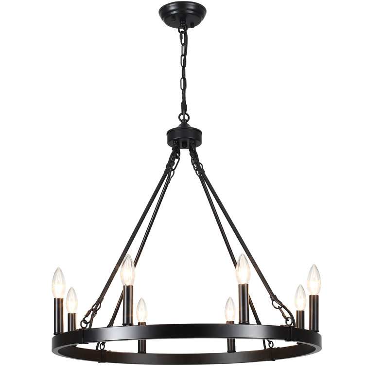 Black Metal 8-Light Wagon Wheel Chandelier with Candle-Style Luminaries