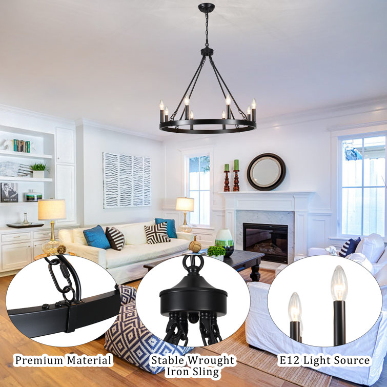 Black Metal 8-Light Wagon Wheel Chandelier with Candle-Style Luminaries