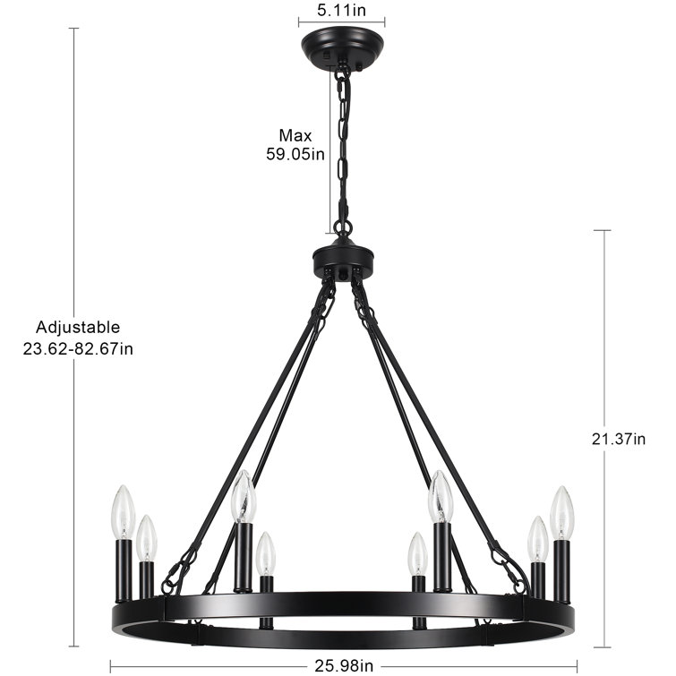 Black Metal 8-Light Wagon Wheel Chandelier with Candle-Style Luminaries