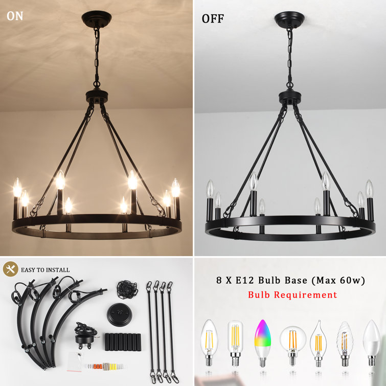 Black Metal 8-Light Wagon Wheel Chandelier with Candle-Style Luminaries