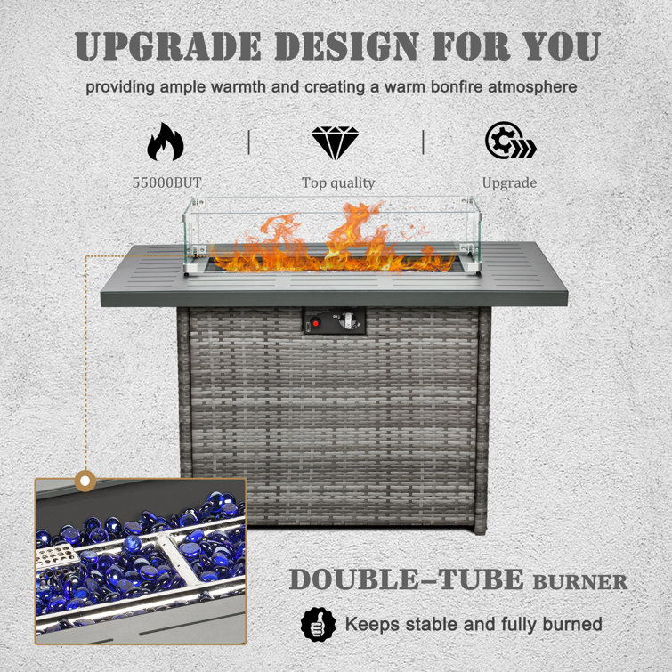Gray Aluminum Top 44" Propane Gas Fire Pit Table with Glass Wind Guard