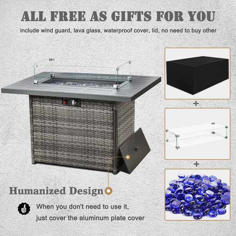 Gray Aluminum Top 44" Propane Gas Fire Pit Table with Glass Wind Guard