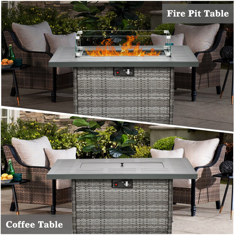 Gray Aluminum Top 44" Propane Gas Fire Pit Table with Glass Wind Guard