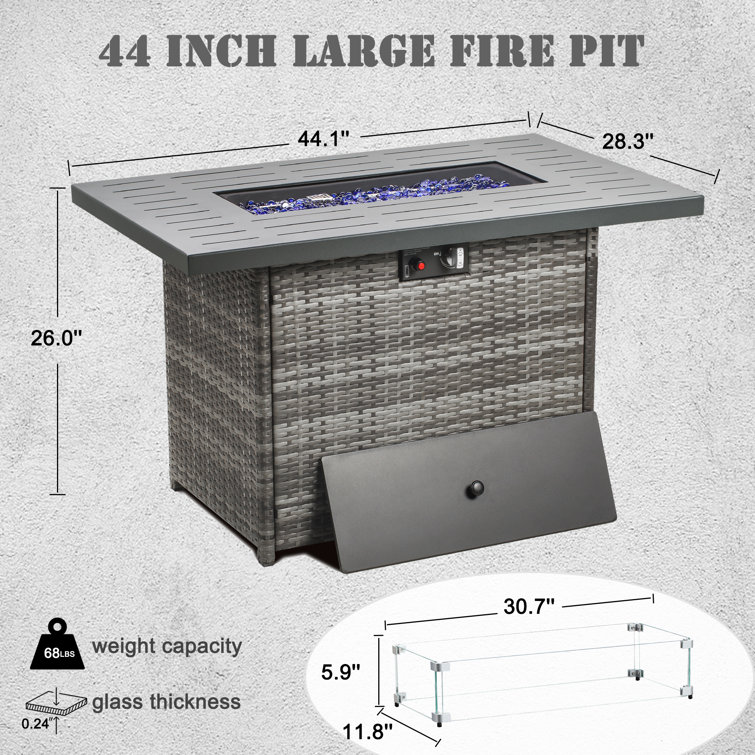 Gray Aluminum Top 44" Propane Gas Fire Pit Table with Glass Wind Guard