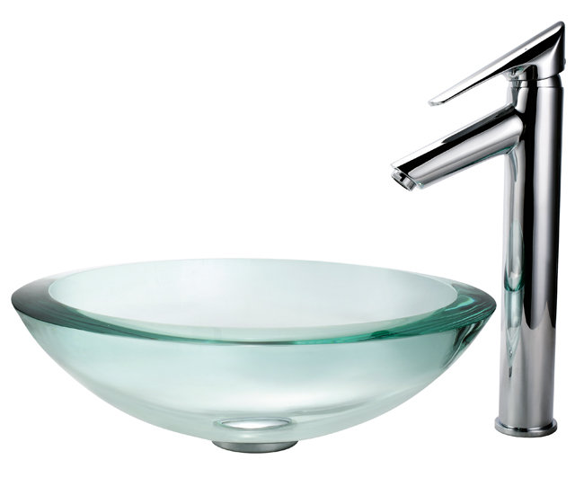 Clear Glass Round Vessel Sink with Chrome Pop-Up Drain