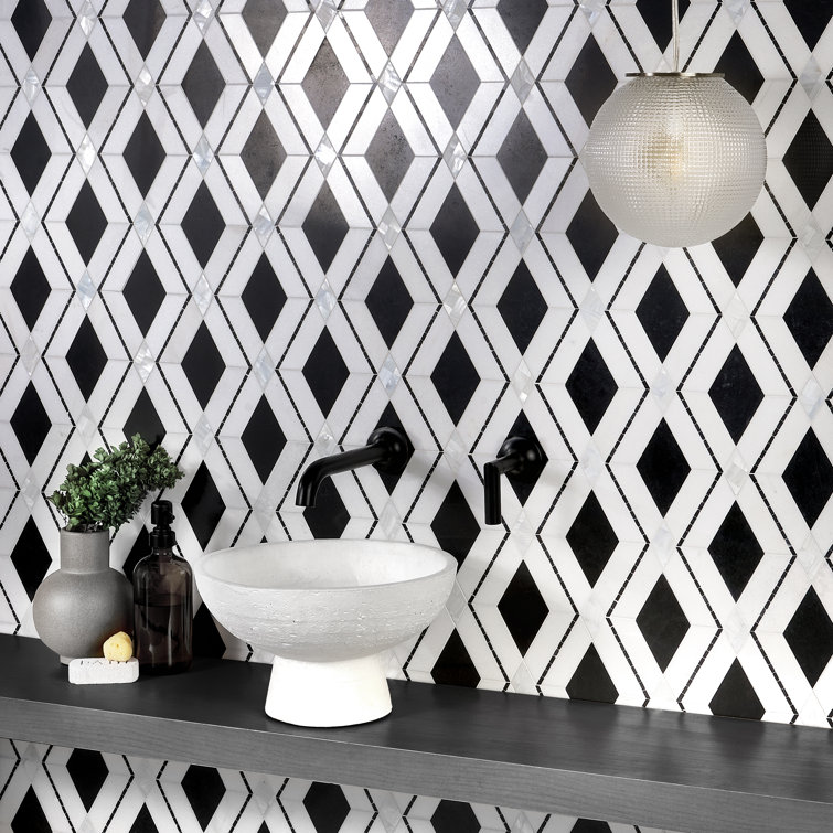 Spencer 10-in x 10-in Polished Black and White Marble Mosaic Tile