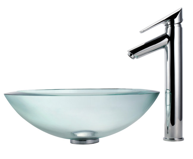 Clear Glass Round Vessel Sink with Chrome Pop-Up Drain