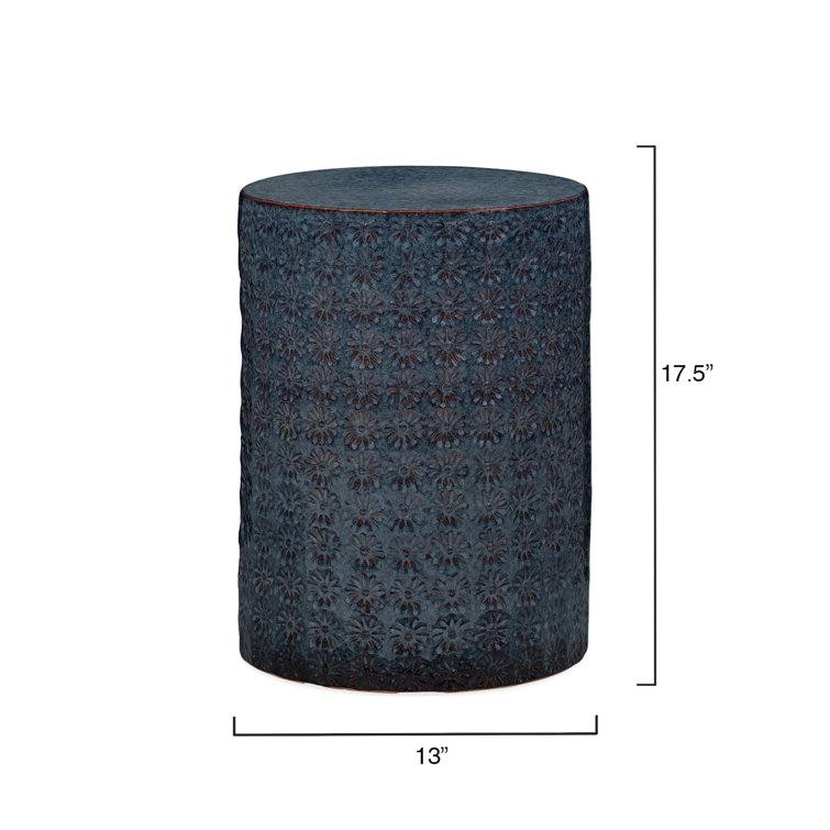 Blue Ceramic Embossed Floral Drum Accent Table