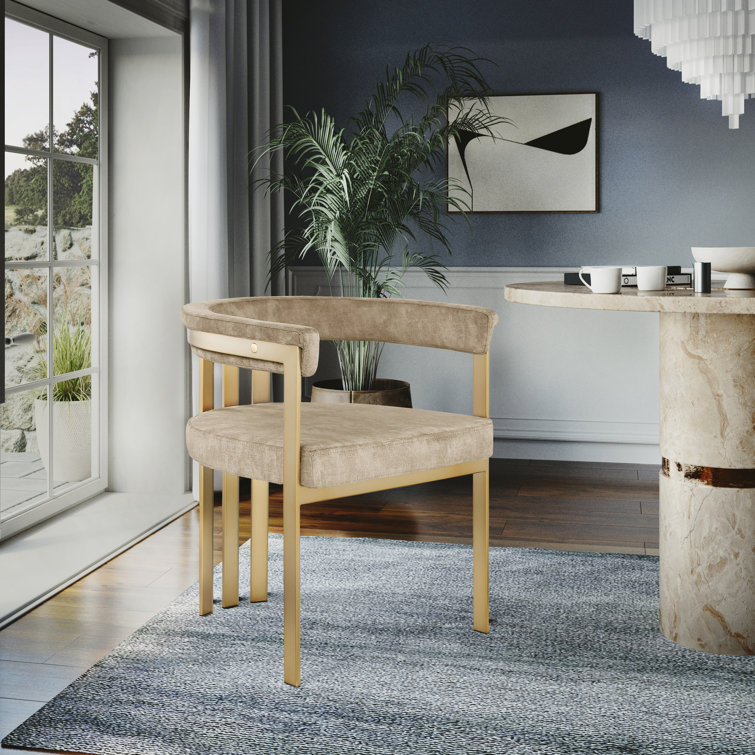 Tan Beige Velvet Ladderback Arm Chair with Gold Metal Frame