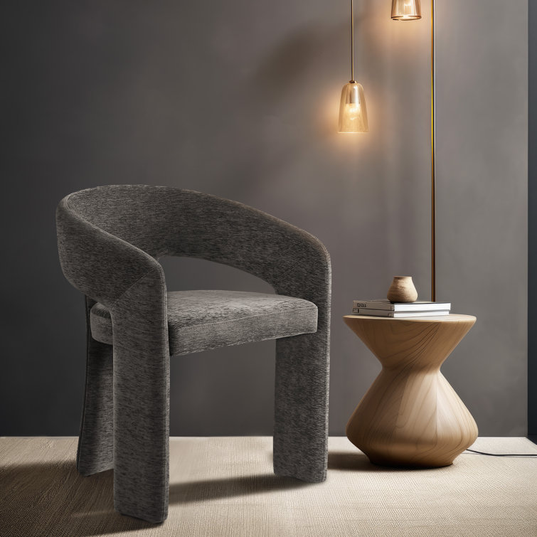 Contemporary Grey Plush Fabric Dining Armchair with Iron Frame
