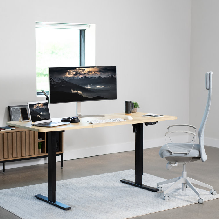 71" Light Wood and Black Adjustable Standing Desk with Electric Height Adjustment