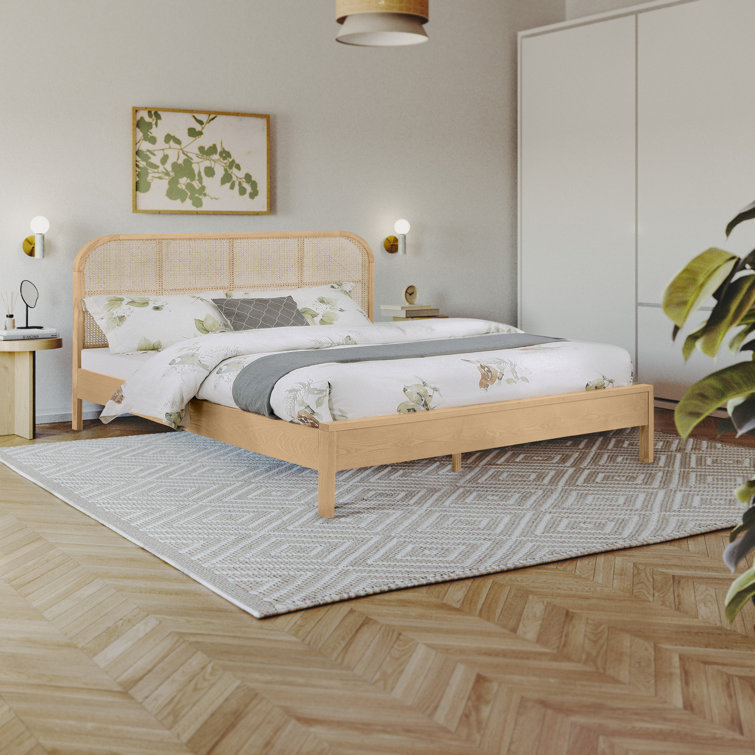 Natural Ash Wood Queen Bed with Cane Headboard