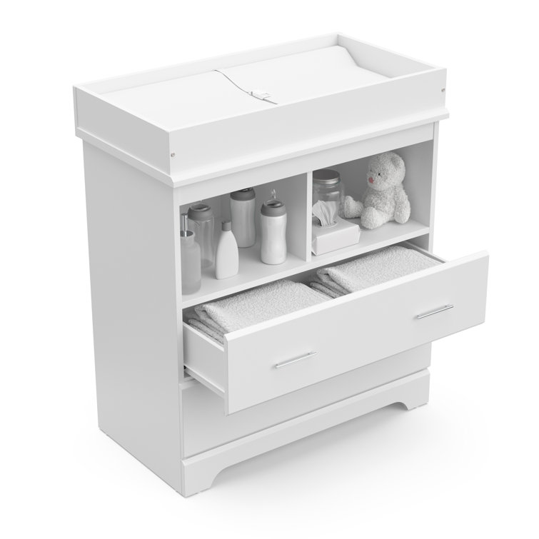 White 2-Drawer Dresser with Changing Topper and Shelves