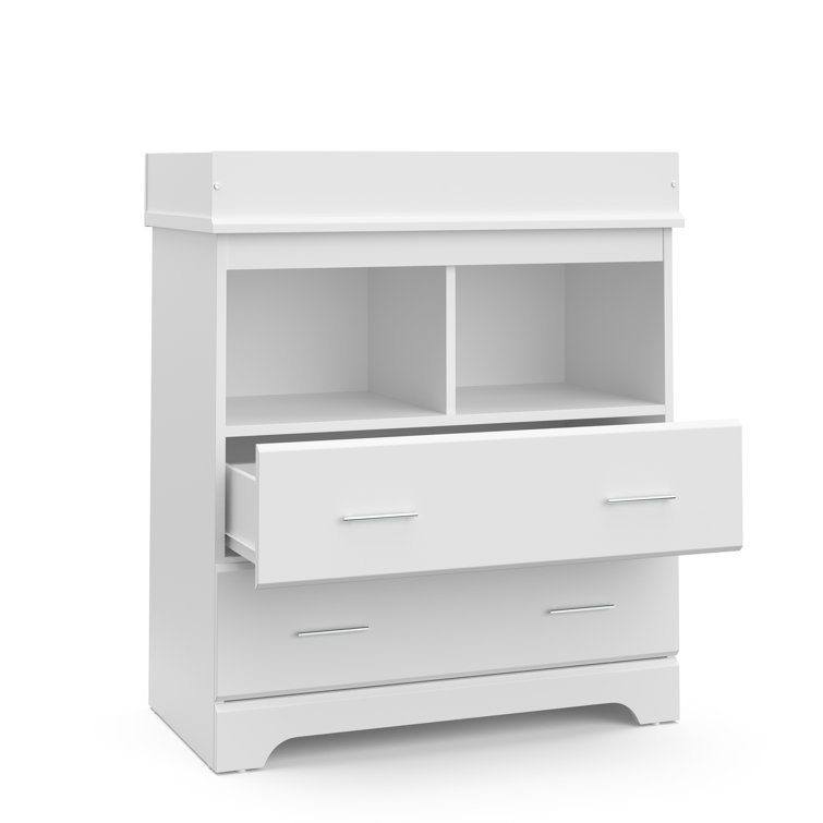 White 2-Drawer Dresser with Changing Topper and Shelves