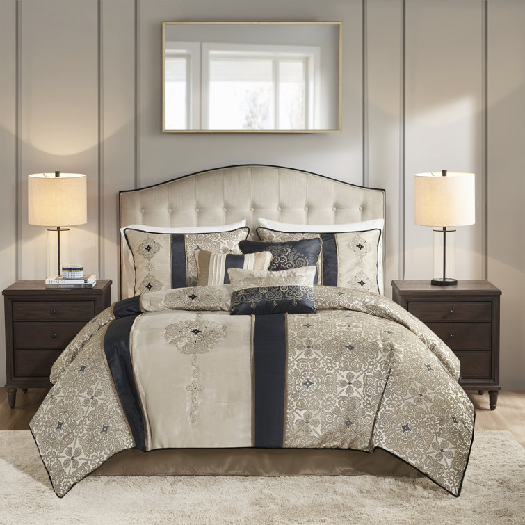 Black Jacquard Queen Comforter Set with Embroidered Shams