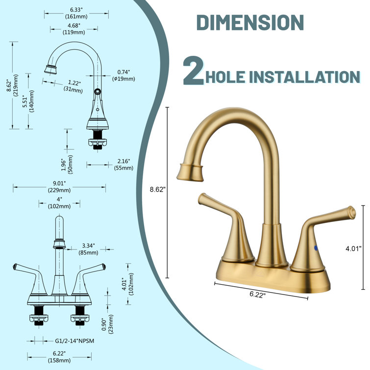 Brushed Gold Stainless Steel Double Handle Bathroom Faucet with Pop-up Drain