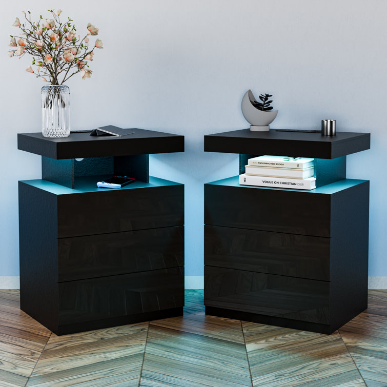 Black High Gloss LED Nightstand with Wireless Charging Station and Drawers