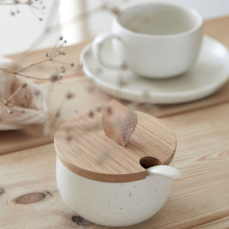 Marshmallow Stoneware Sugar Bowl with Wood Lid