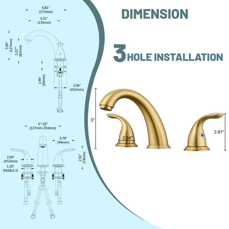 Brushed Gold Stainless Steel Widespread Bathroom Faucet with Drain