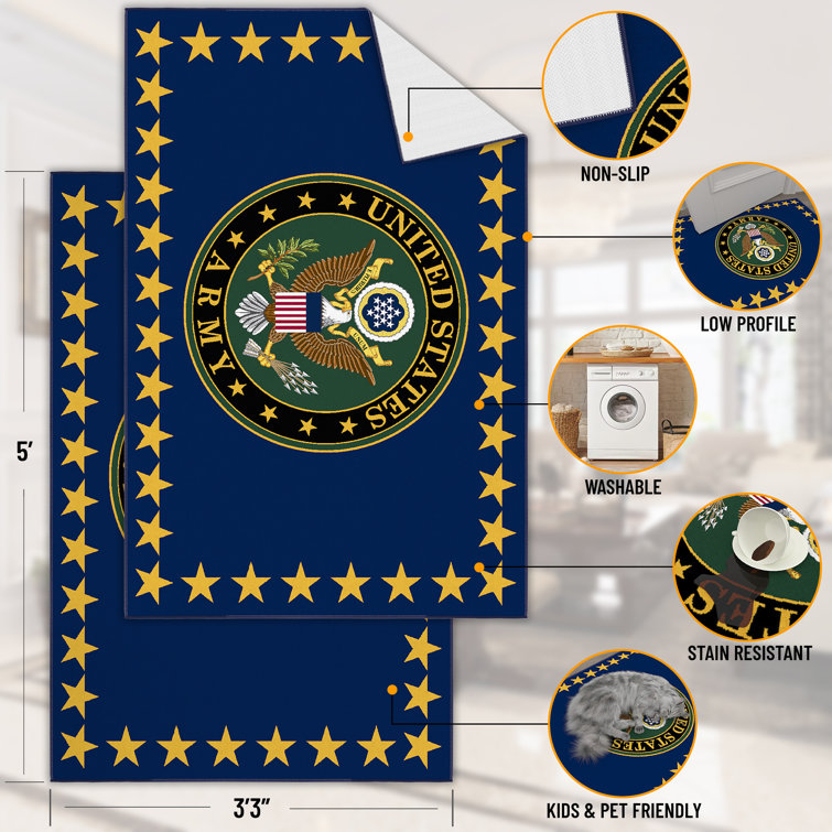 US Army Blue Synthetic Non-Slip Rectangular Area Rug