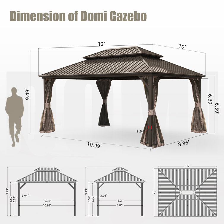 Gray 10' x 12' Aluminum and Steel Patio Gazebo with Curtains