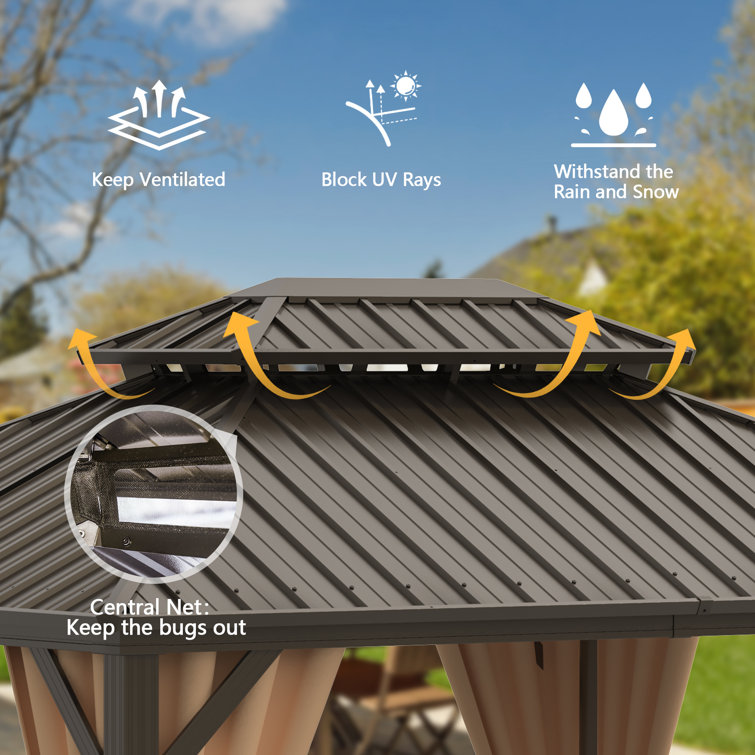 Gray 10' x 12' Aluminum and Steel Patio Gazebo with Curtains