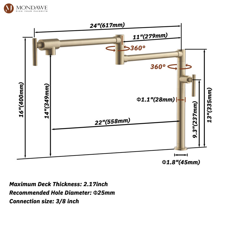 Brushed Gold Double Handle Deck Mounted Pot Filler Faucet