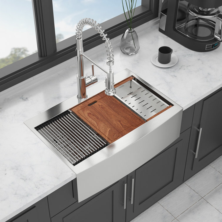 33'' Brushed Nickel Stainless Steel Farmhouse Kitchen Sink with Accessories