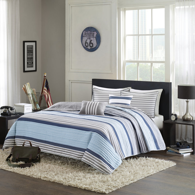 Gray and Blue Striped Reversible Microfiber Quilt Set