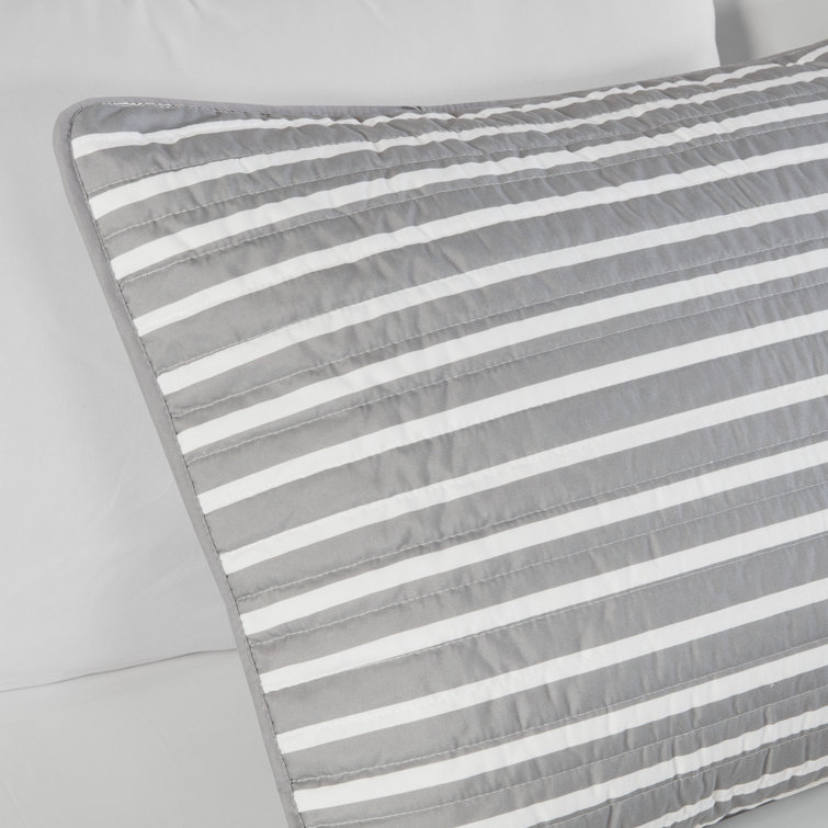 Gray and Blue Striped Reversible Microfiber Quilt Set