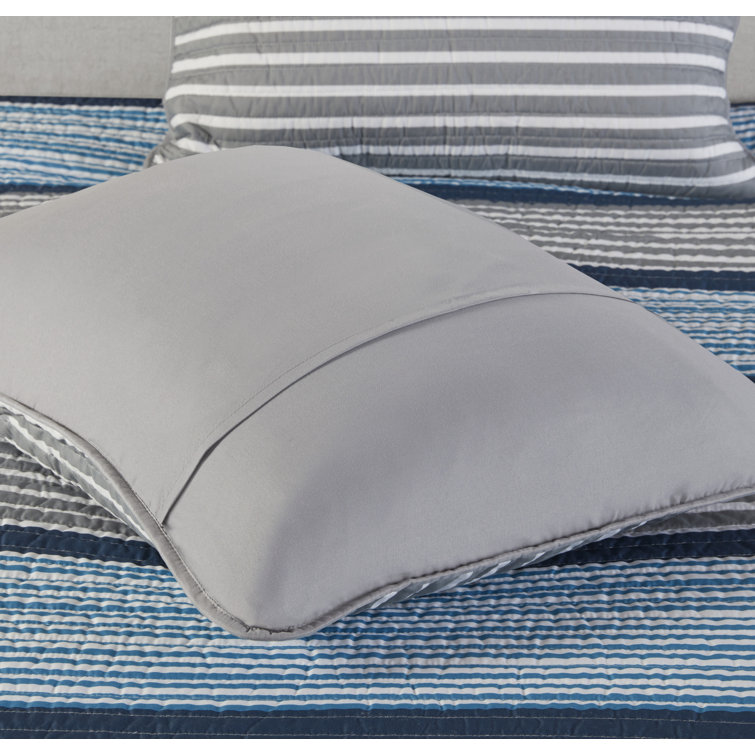 Gray and Blue Striped Reversible Microfiber Quilt Set