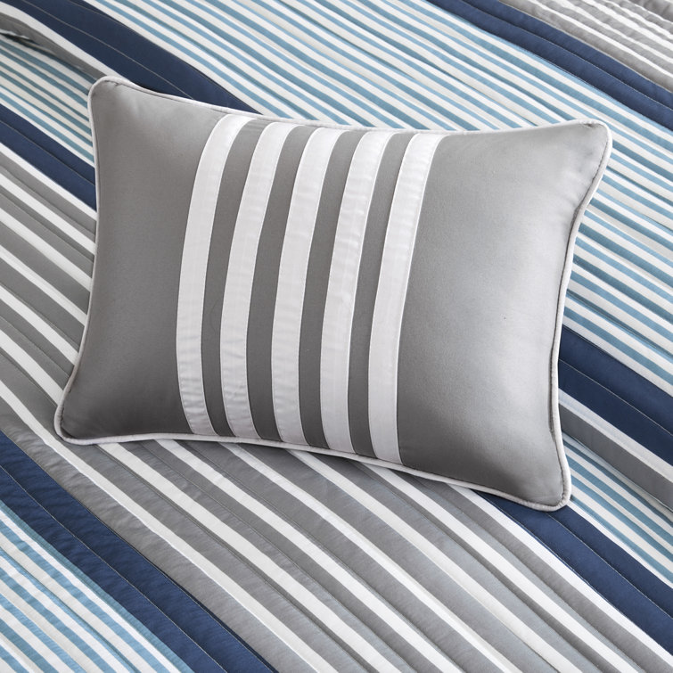 Gray and Blue Striped Reversible Microfiber Quilt Set