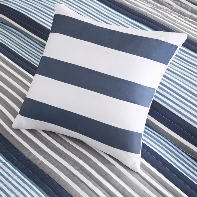 Gray and Blue Striped Reversible Microfiber Quilt Set