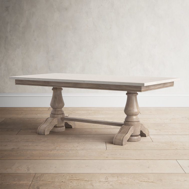 Rectangular Light Brown Wood and Marble Trestle Coffee Table