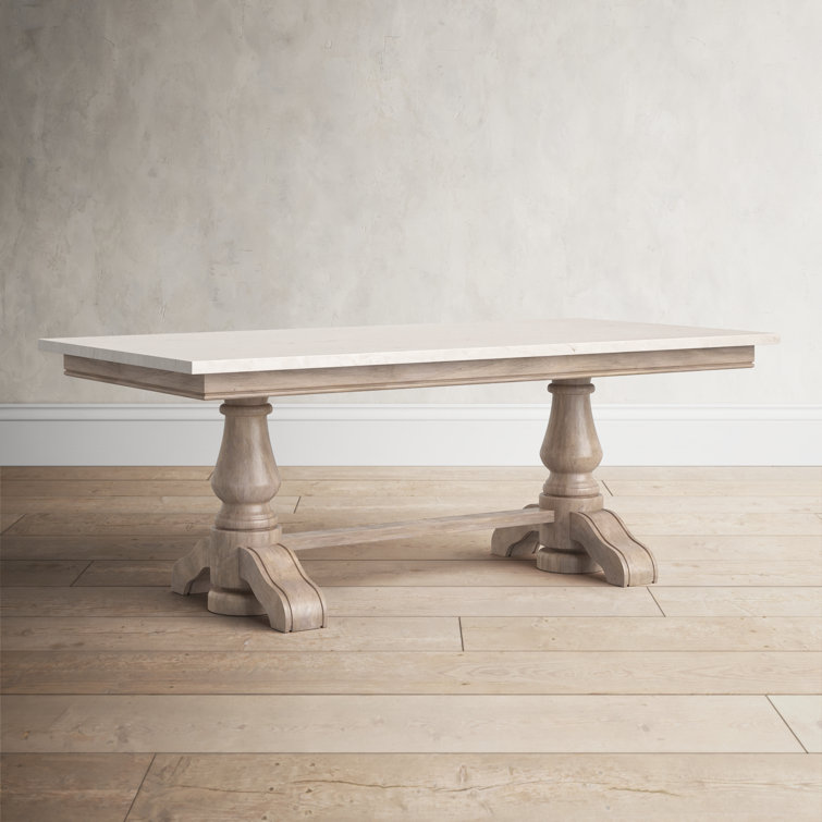Rectangular Light Brown Wood and Marble Trestle Coffee Table