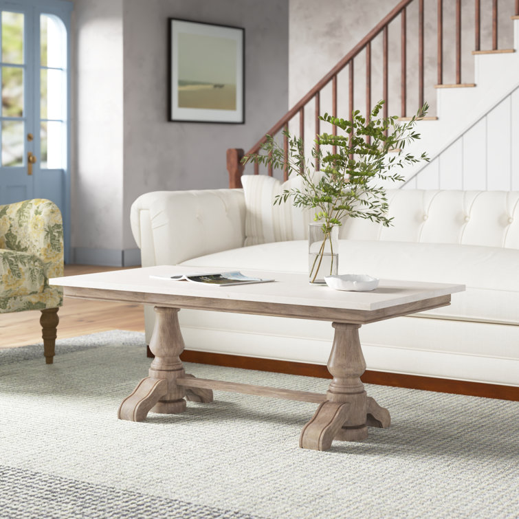 Rectangular Light Brown Wood and Marble Trestle Coffee Table
