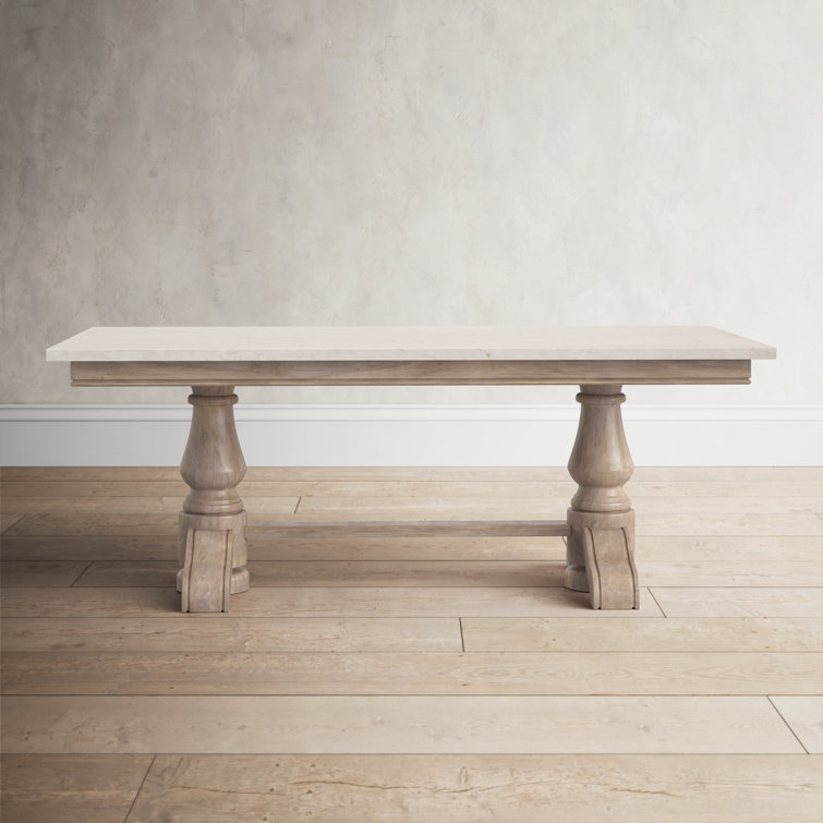 Rectangular Light Brown Wood and Marble Trestle Coffee Table