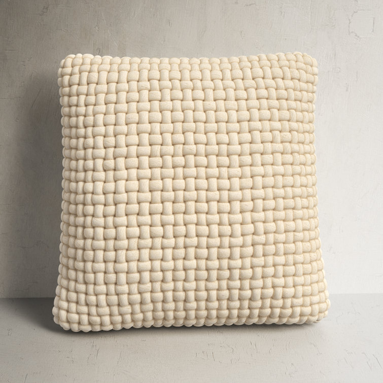 Cream Wool and Cotton Chunky Weave Square Throw Pillow